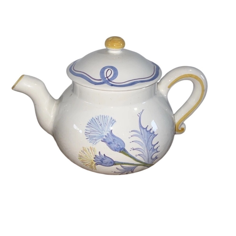 Laura Ashley Teapot Handpainted Italy Blue Thistle Floral Ceramic Vintage Style